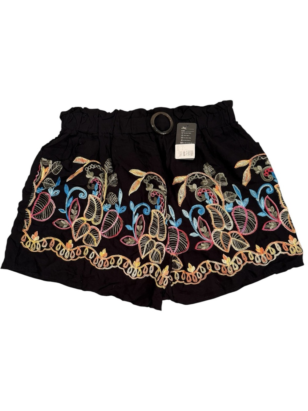 Women’s High-Waist Black Shorts with Multicolor Floral Embroidery Size L/XL